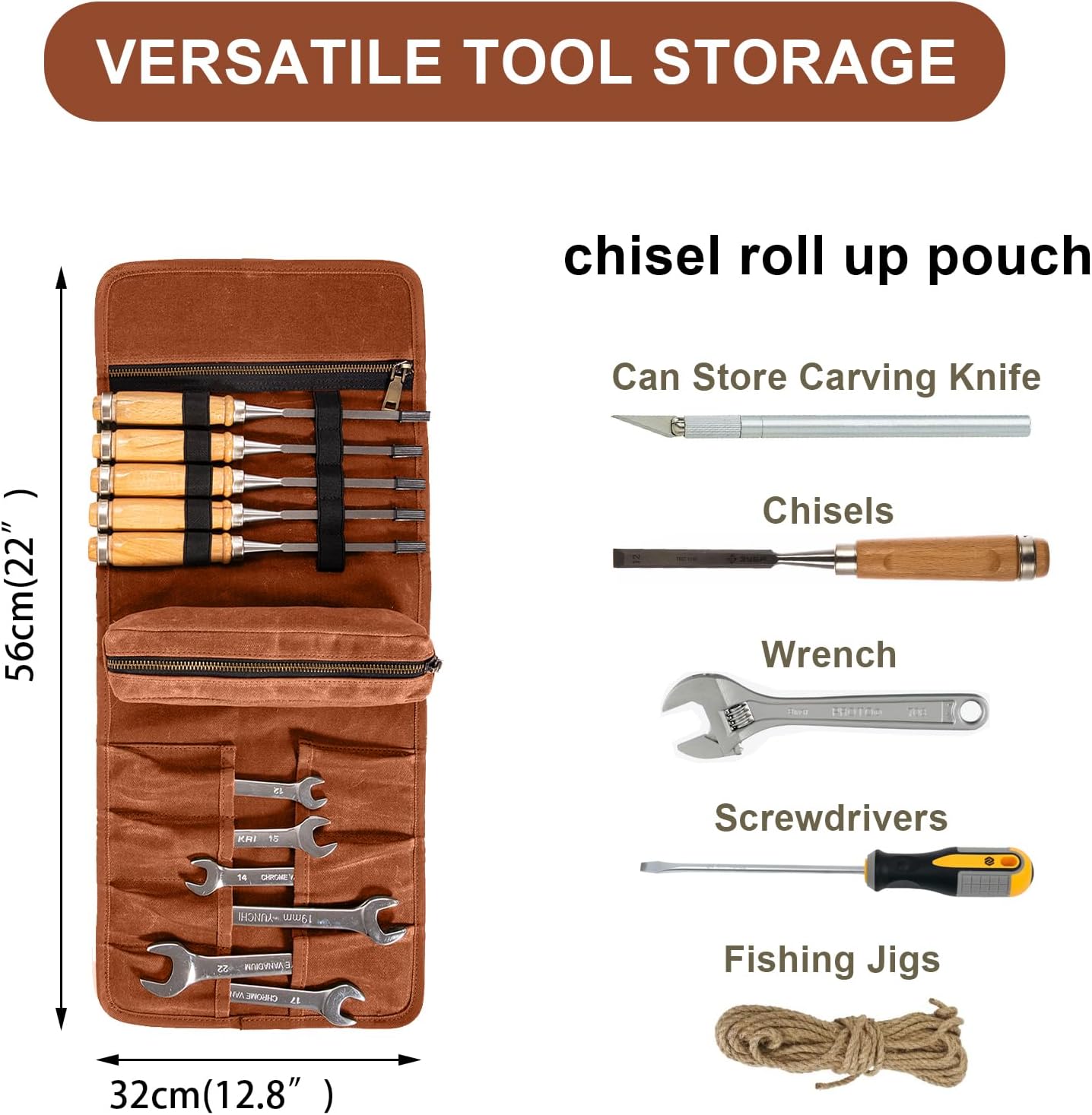 Chisel Roll,6 Pockets Roll Up Tool Pouch,Waxed Canvas Small Tool Roll Organizer and Wrench Roll Up Pouch,Store Chisel,Wrench,Pliers,Carving Knife (Army Green)