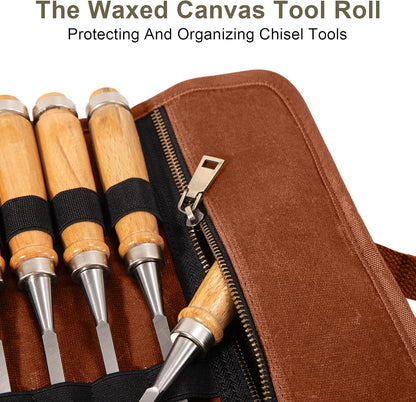Chisel Roll,6 Pockets Roll Up Tool Pouch,Waxed Canvas Small Tool Roll Organizer and Wrench Roll Up Pouch,Store Chisel,Wrench,Pliers,Carving Knife (Army Green)