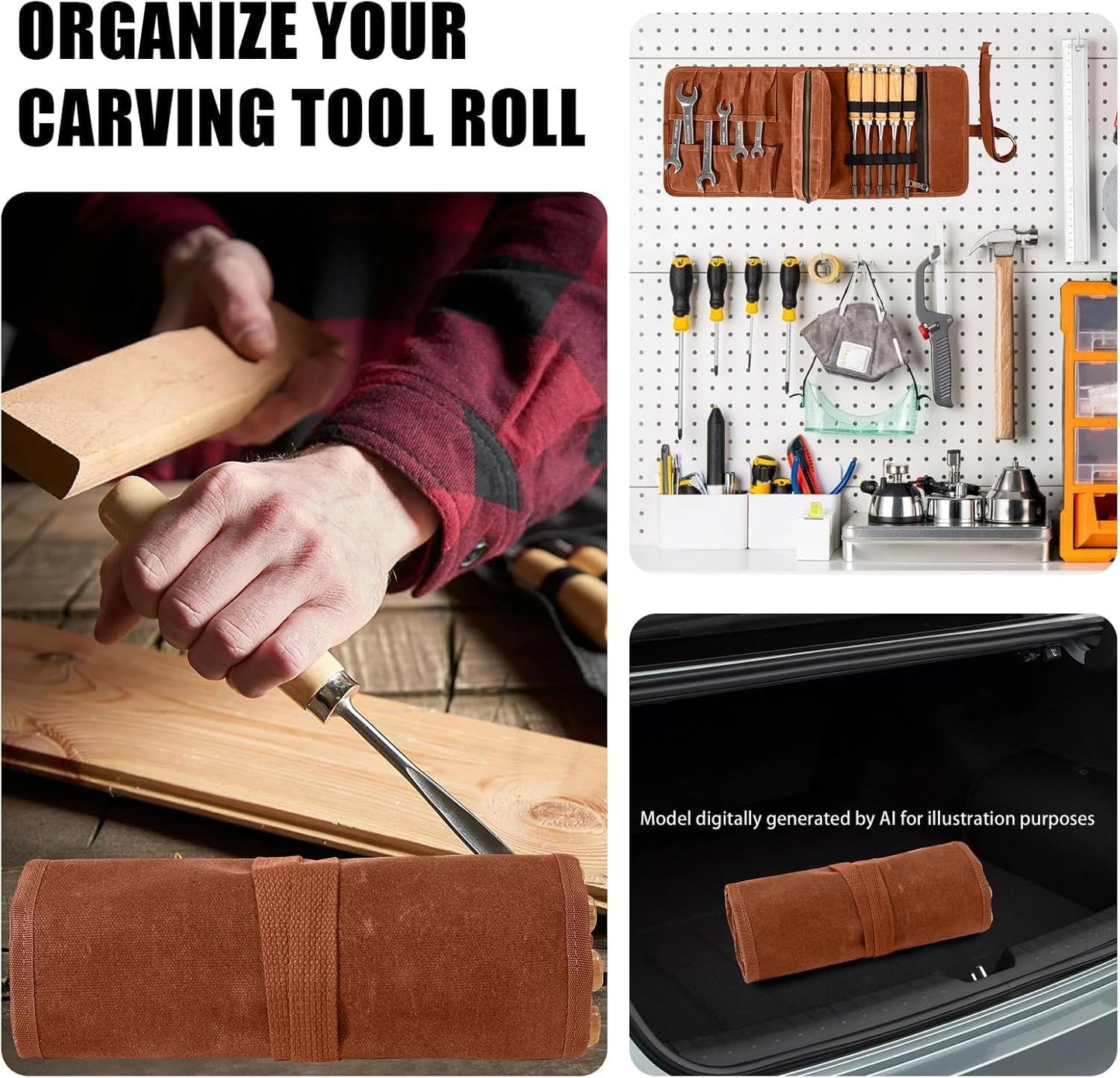 Chisel Roll,6 Pockets Roll Up Tool Pouch,Waxed Canvas Small Tool Roll Organizer and Wrench Roll Up Pouch,Store Chisel,Wrench,Pliers,Carving Knife (Army Green)