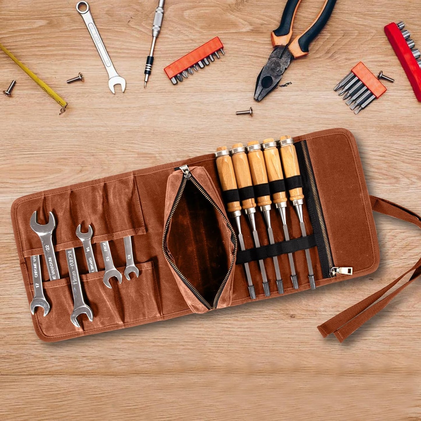 Chisel Roll,6 Pockets Roll Up Tool Pouch,Waxed Canvas Small Tool Roll Organizer and Wrench Roll Up Pouch,Store Chisel,Wrench,Pliers,Carving Knife (Army Green)