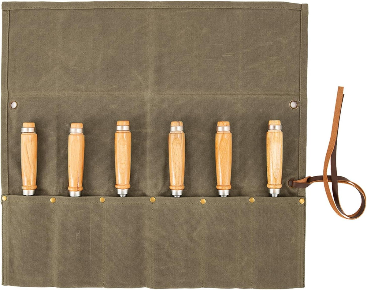 Chisel Roll,6 Pockets Roll Up Tool Pouch,Waxed Canvas Small Tool Roll Organizer and Wrench Roll Up Pouch,Store Chisel,Wrench,Pliers,Carving Knife (Army Green)
