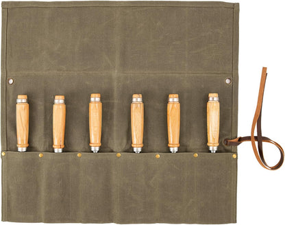 Chisel Roll,6 Pockets Roll Up Tool Pouch,Waxed Canvas Small Tool Roll Organizer and Wrench Roll Up Pouch,Store Chisel,Wrench,Pliers,Carving Knife (Army Green)