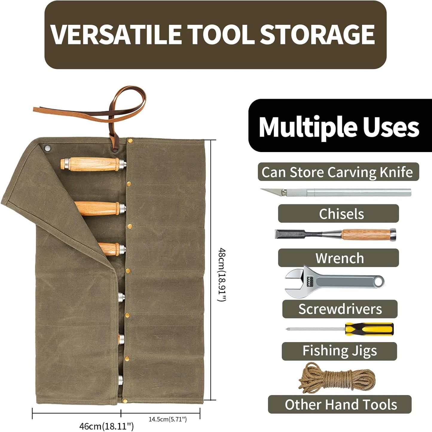 Chisel Roll,6 Pockets Roll Up Tool Pouch,Waxed Canvas Small Tool Roll Organizer and Wrench Roll Up Pouch,Store Chisel,Wrench,Pliers,Carving Knife (Army Green)