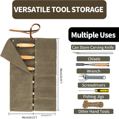 Chisel Roll,6 Pockets Roll Up Tool Pouch,Waxed Canvas Small Tool Roll Organizer and Wrench Roll Up Pouch,Store Chisel,Wrench,Pliers,Carving Knife (Army Green)