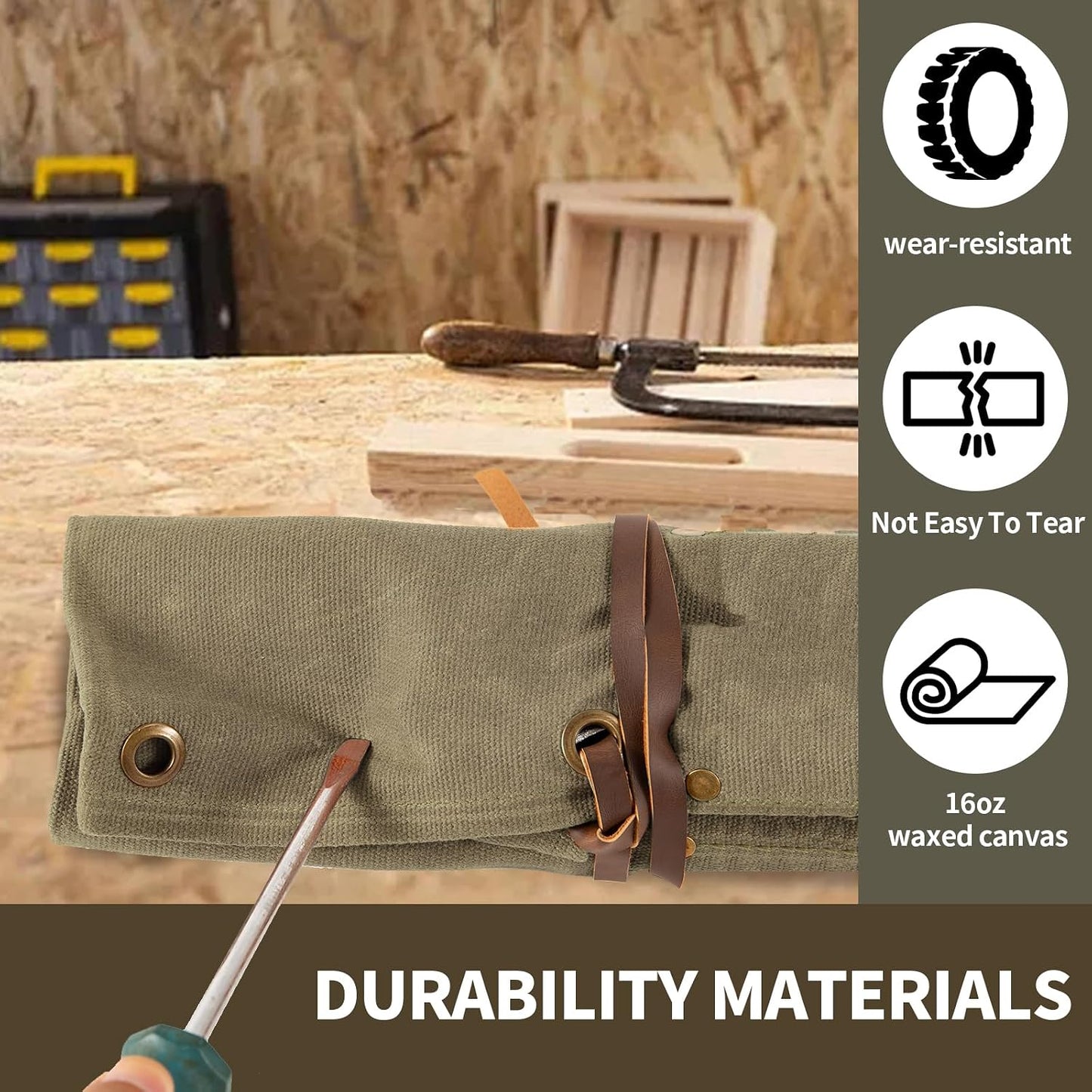 Chisel Roll,6 Pockets Roll Up Tool Pouch,Waxed Canvas Small Tool Roll Organizer and Wrench Roll Up Pouch,Store Chisel,Wrench,Pliers,Carving Knife (Army Green)