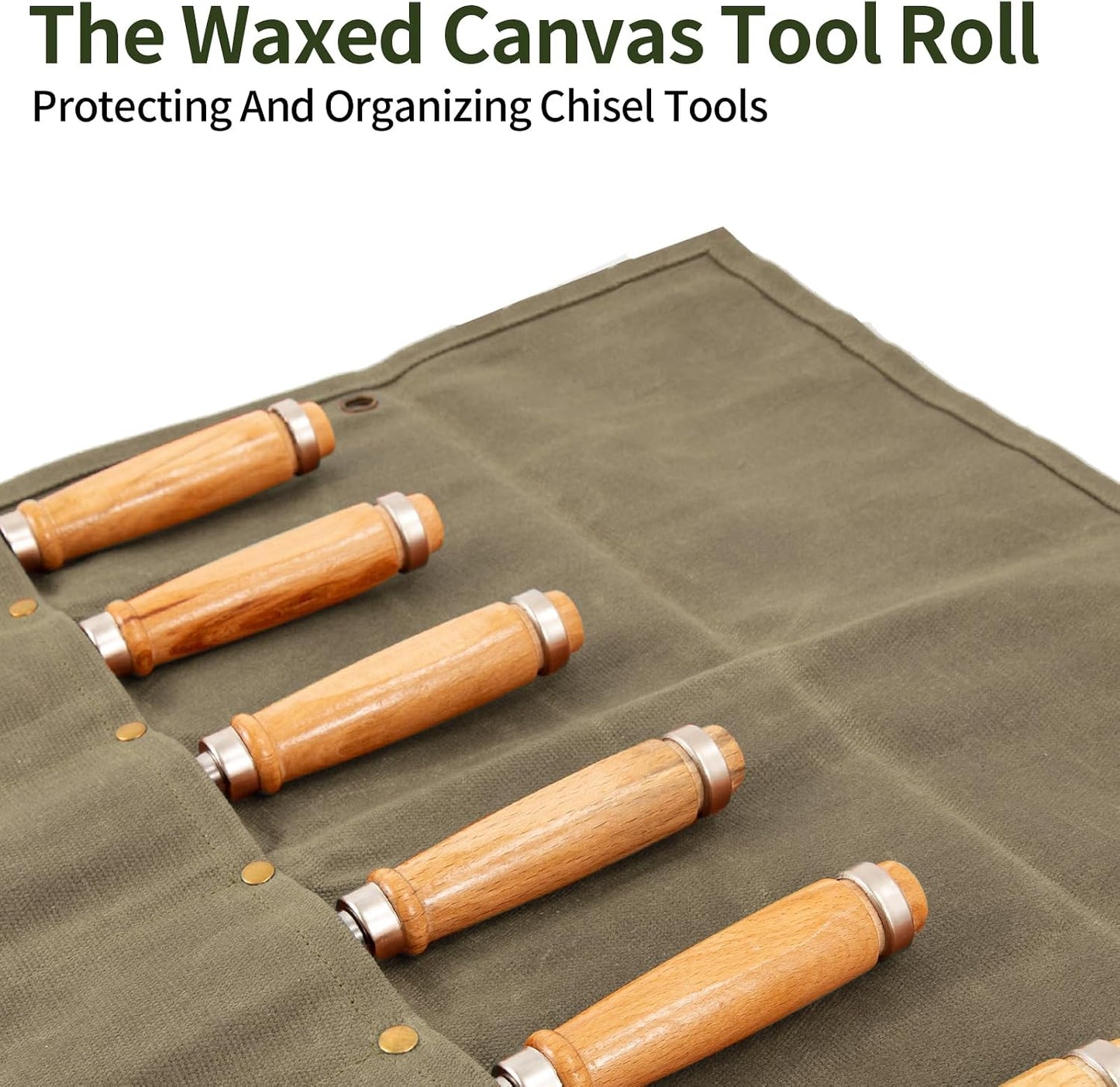 Chisel Roll,6 Pockets Roll Up Tool Pouch,Waxed Canvas Small Tool Roll Organizer and Wrench Roll Up Pouch,Store Chisel,Wrench,Pliers,Carving Knife (Army Green)