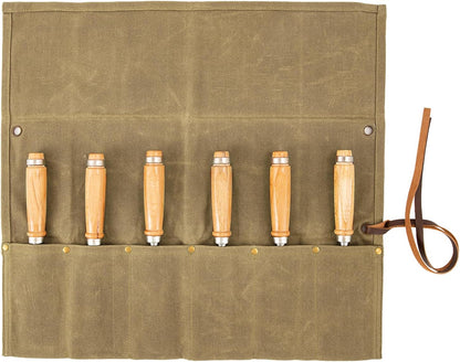Chisel Roll,6 Pockets Roll Up Tool Pouch,Waxed Canvas Small Tool Roll Organizer and Wrench Roll Up Pouch,Store Chisel,Wrench,Pliers,Carving Knife (Army Green)