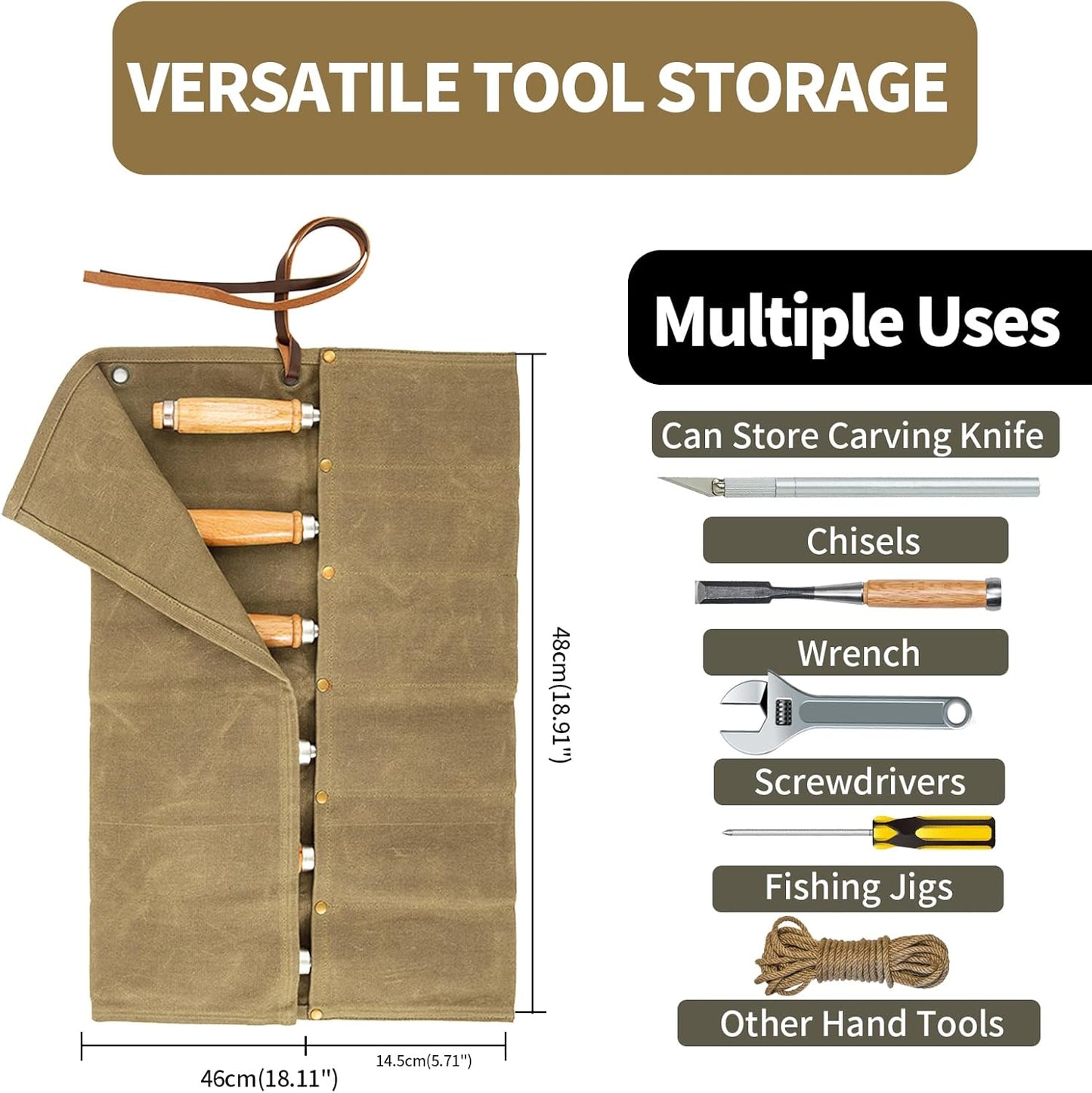 Chisel Roll,6 Pockets Roll Up Tool Pouch,Waxed Canvas Small Tool Roll Organizer and Wrench Roll Up Pouch,Store Chisel,Wrench,Pliers,Carving Knife (Army Green)