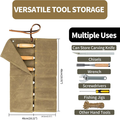 Chisel Roll,6 Pockets Roll Up Tool Pouch,Waxed Canvas Small Tool Roll Organizer and Wrench Roll Up Pouch,Store Chisel,Wrench,Pliers,Carving Knife (Army Green)