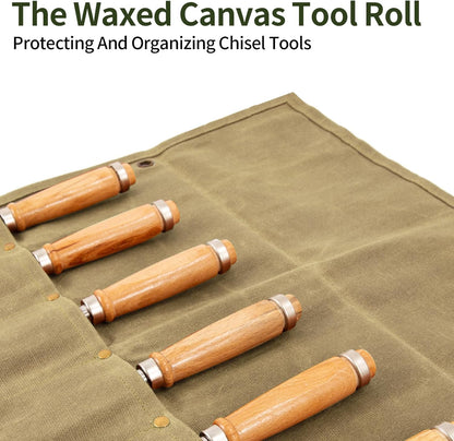 Chisel Roll,6 Pockets Roll Up Tool Pouch,Waxed Canvas Small Tool Roll Organizer and Wrench Roll Up Pouch,Store Chisel,Wrench,Pliers,Carving Knife (Army Green)