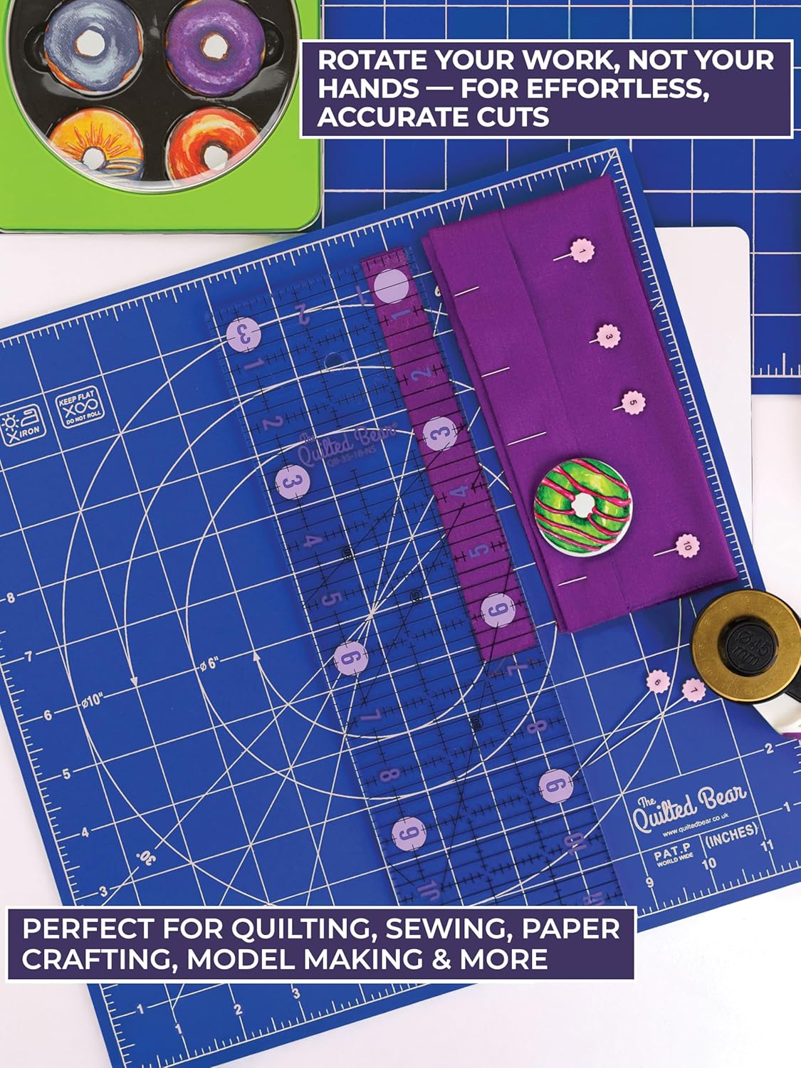 The Quilted Bear Rotating Cutting Mat 12" x 12" - Locking & Rotating Self Healing Cutting Board for Sewing, Fabric & Quilting - 360 Degree Sewing Supplies Mat for Craft Table (Pink)