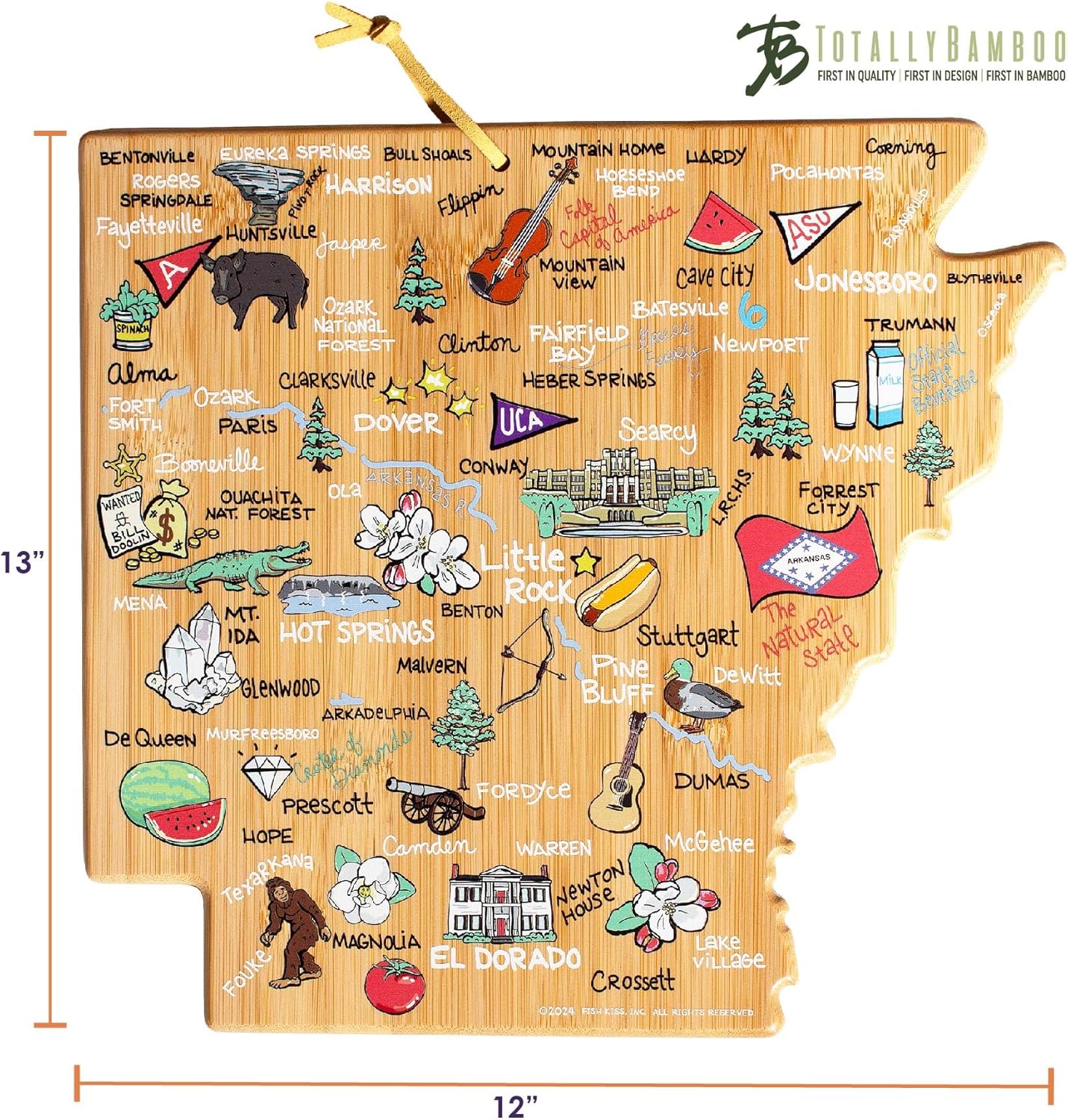 Totally Bamboo Tennessee State Shaped Cutting Board and Charcuterie Serving Platter with Artwork by Fish Kiss, Includes Hang Tie for Wall Display - Colors A
