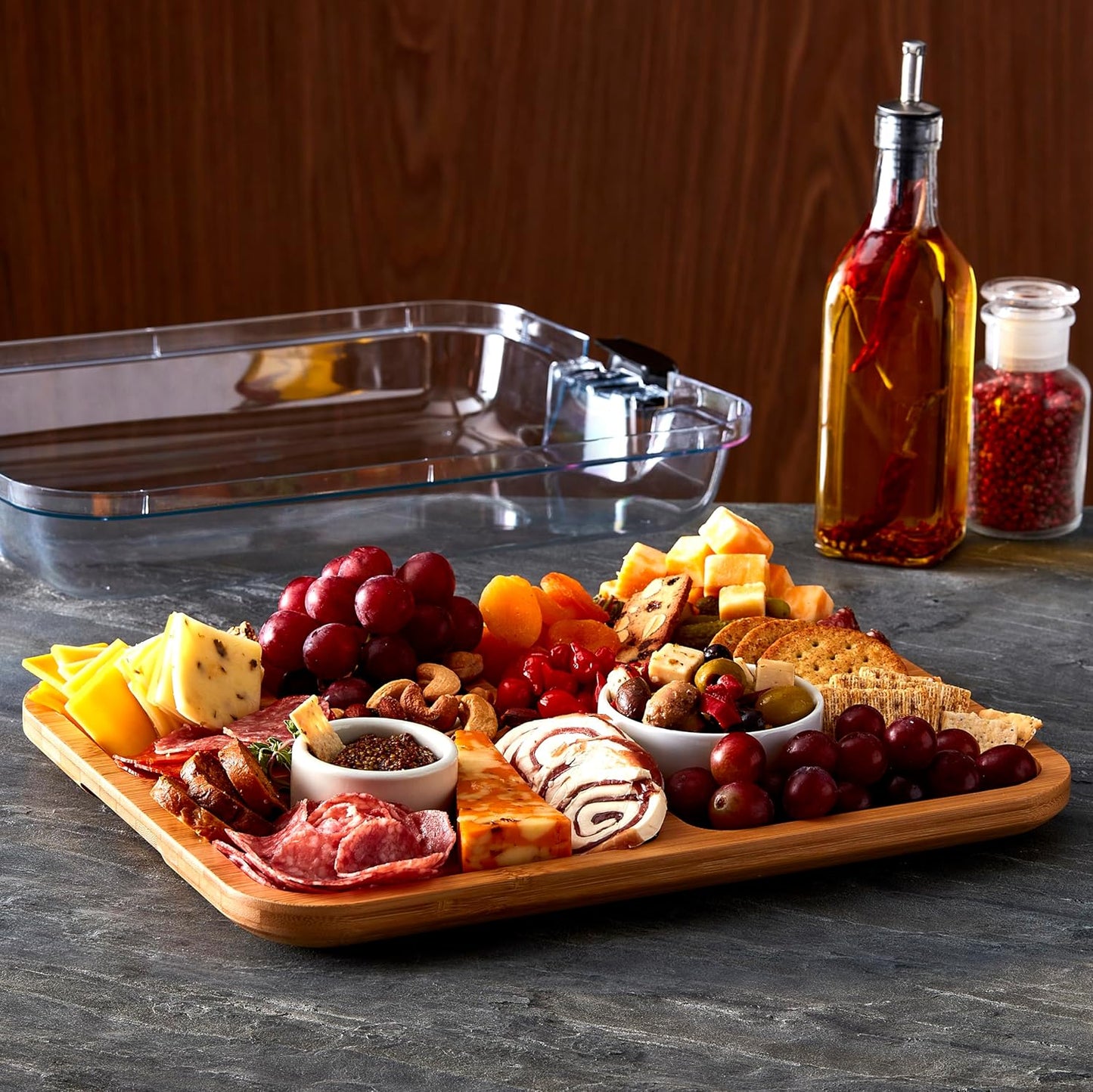 Farberware Build-A-Board Bamboo Cutting Board with Built-In Compartments & Clear Locking Lid, Black Handles, Charcuterie, Snack Tray, Food Prep and Serving Platter