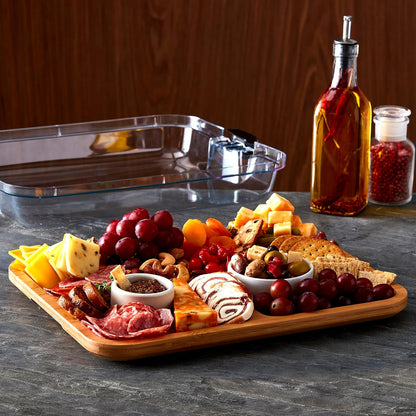 Farberware Build-A-Board Bamboo Cutting Board with Built-In Compartments & Clear Locking Lid, Black Handles, Charcuterie, Snack Tray, Food Prep and Serving Platter