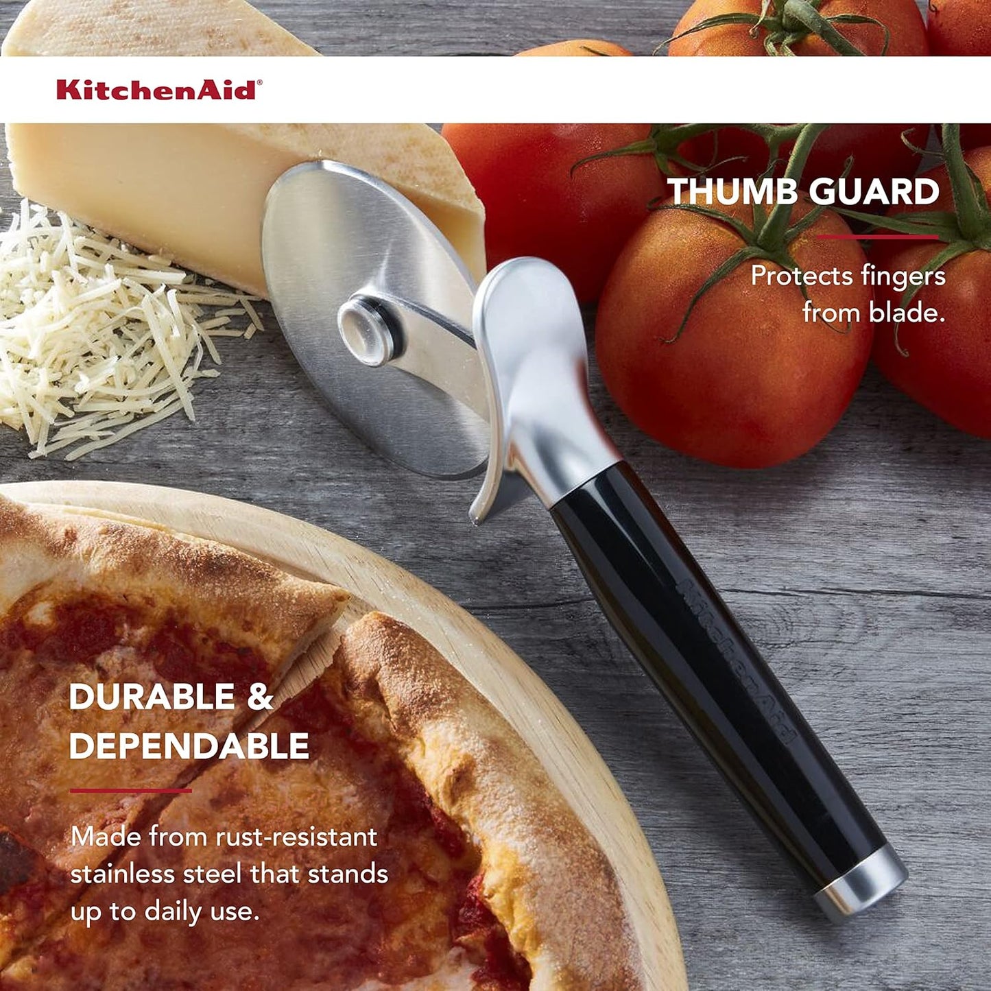 KitchenAid Classic Pizza Wheel with Sharp Blade For Cutting Through Crusts, Pies and More, Built In Finger Guard for Safety and Comfort Grip to Protect Fingers, Dishwasher Safe, 9-Inch, Red