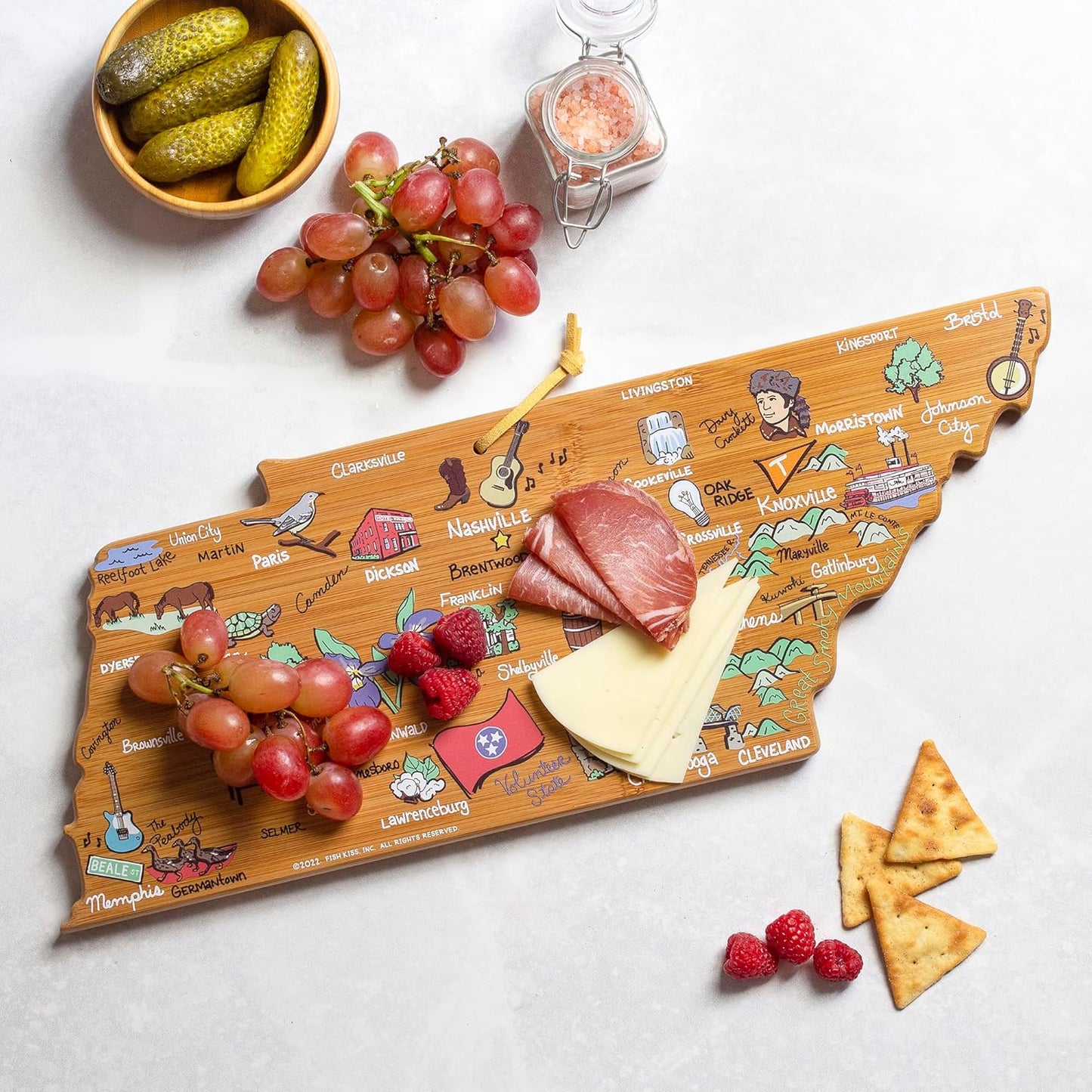 Totally Bamboo Tennessee State Shaped Cutting Board and Charcuterie Serving Platter with Artwork by Fish Kiss, Includes Hang Tie for Wall Display - Colors A