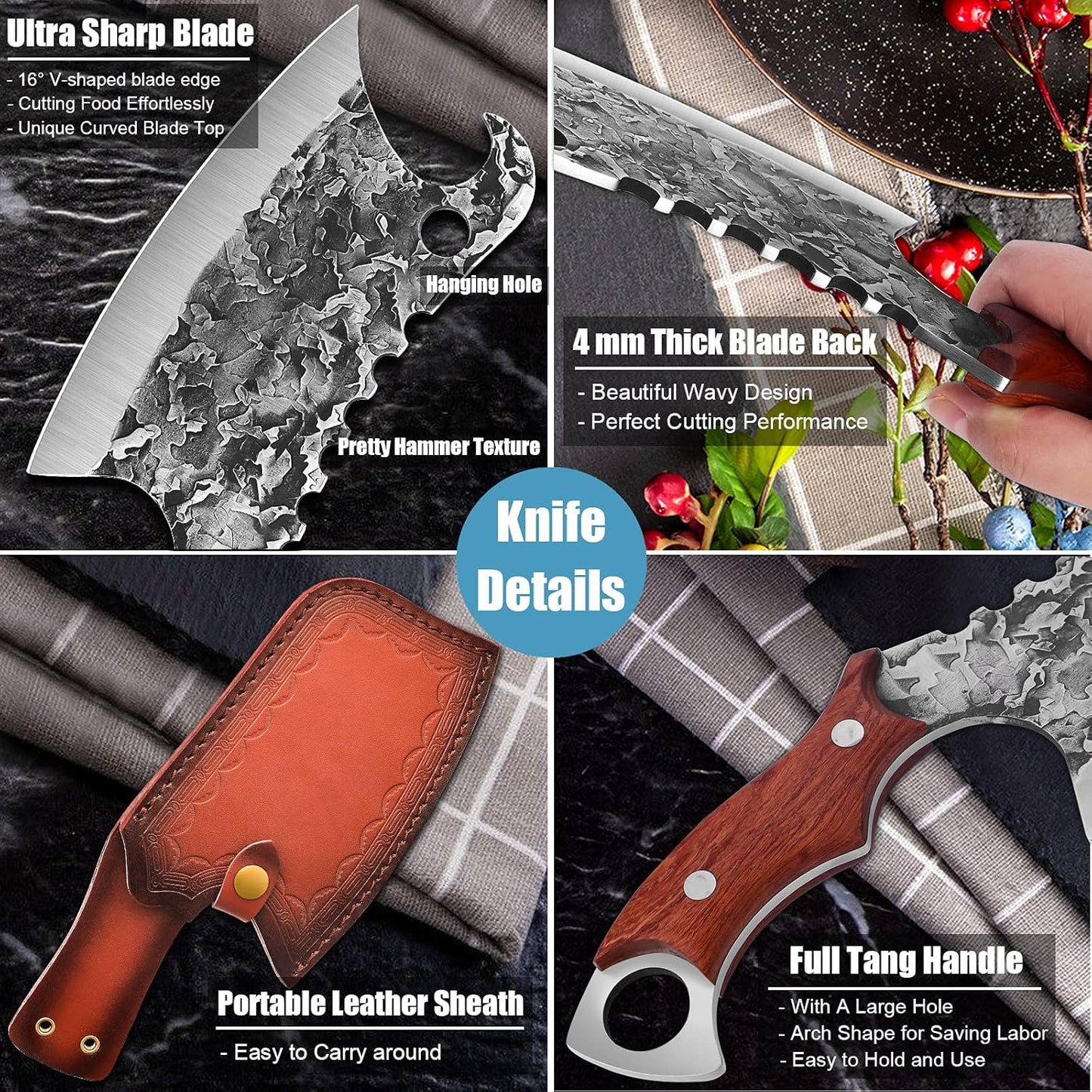ROCOCO Hand Forged Meat Cleaver Sharp Butcher Knife for Meat Cutting Vegetable Cleaver with Sheath for Home Kitchen Outdoor Camping BBQ Father Mother Gift Idea Men