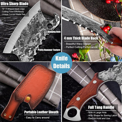 ROCOCO Hand Forged Meat Cleaver Sharp Butcher Knife for Meat Cutting Vegetable Cleaver with Sheath for Home Kitchen Outdoor Camping BBQ Father Mother Gift Idea Men