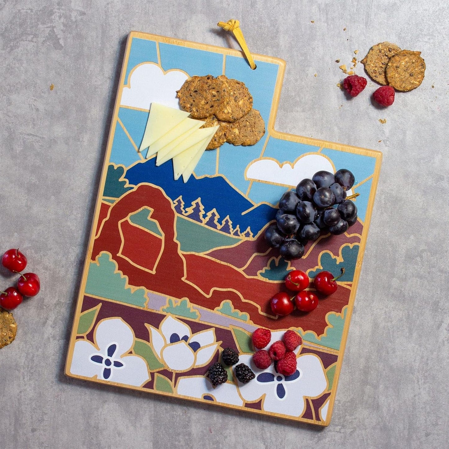 Totally Bamboo North Carolina State Shaped Cutting Board and Charcuterie Serving Platter with Artwork by Summer Stokes, Includes Hang Tie for Wall Display 18" x 8" x 5/8" - Colors A