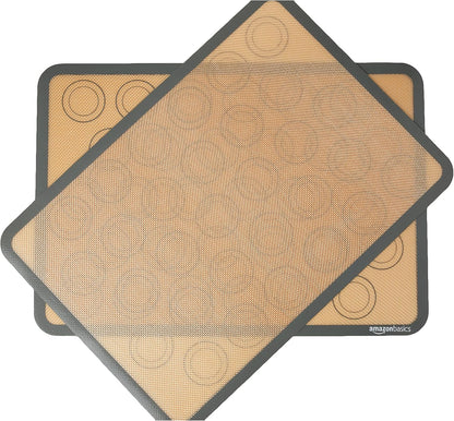 Amazon Basics Silicone Rectangular Baking Mat, Non-Stick, Reusable, Dishwasher Safe, Food Safe, Heat Resistant, 16.5" x 11.6", Beige/Gray, 2-Pack