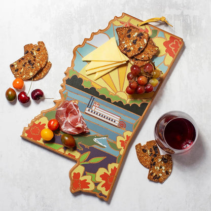Totally Bamboo North Carolina State Shaped Cutting Board and Charcuterie Serving Platter with Artwork by Summer Stokes, Includes Hang Tie for Wall Display 18" x 8" x 5/8" - Colors A