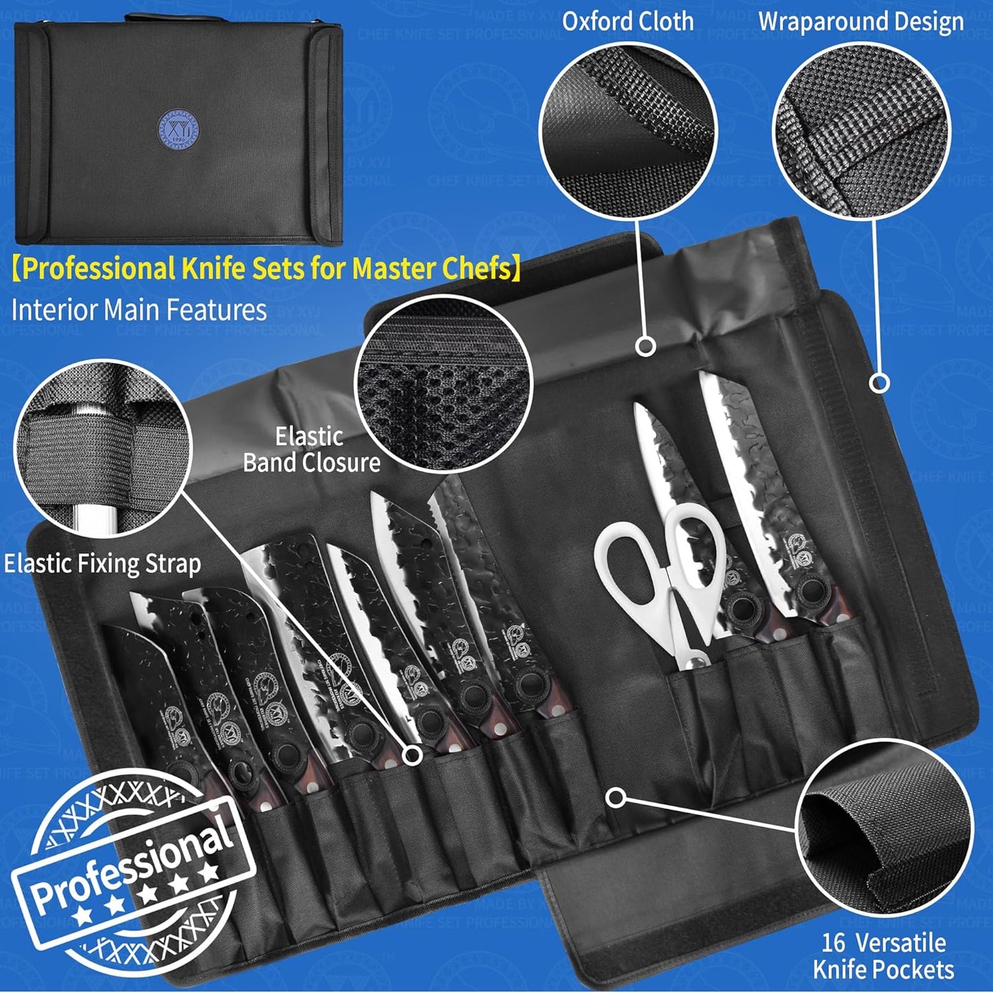 XYJ Knife Block Set, Professional Kitchen Knife Set with Magnetic Knife Block, Cutting Board, Honing Steel, High-Carbon Steel forged Blades, Chef's Knife, Cleaver, Carving Knife, Full Tang Design