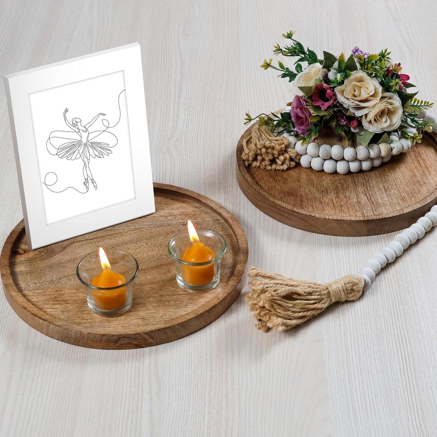 Mango Carving Wood Round Platters for Ottoman or Side Table, Charcuterie Board or Cheese Platter for Living Room (13" x 13" x 2" - White Wash)