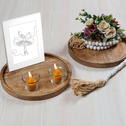 Mango Carving Wood Round Platters for Ottoman or Side Table, Charcuterie Board or Cheese Platter for Living Room (13" x 13" x 2" - White Wash)