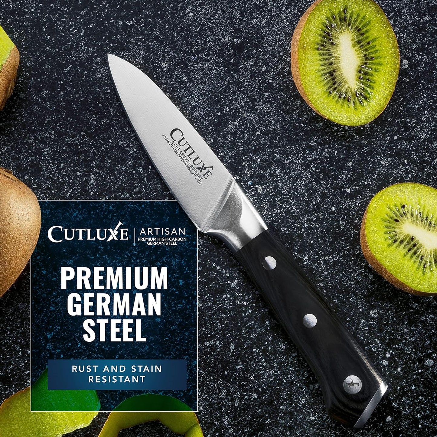 Cutluxe Paring Knife, 3.5" Small Kitchen Peeling Knife with Razor Sharp Blade – High Carbon German Steel, Full Tang, Ergonomic Handle Design – Artisan Series