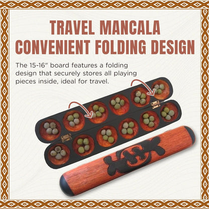 Africa Heartwood Project African Oware Mancala Board - Hand-Carved Solid Wood with Adinkra Symbol, Wooden Folding Mancala Design, 16" Board with 48 Grey, Green Tear Seeds and Playing Instructions