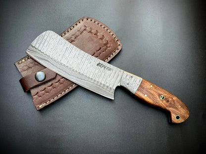 Handmade Nakiri Chef Knife 9.4" | Damascus Steel Full Tang Blade 5.5" | Rose Wood Handle & Leather Sheath | Sharp Japanese Chef Knife for Cooking, Chopping & Kitchen Use