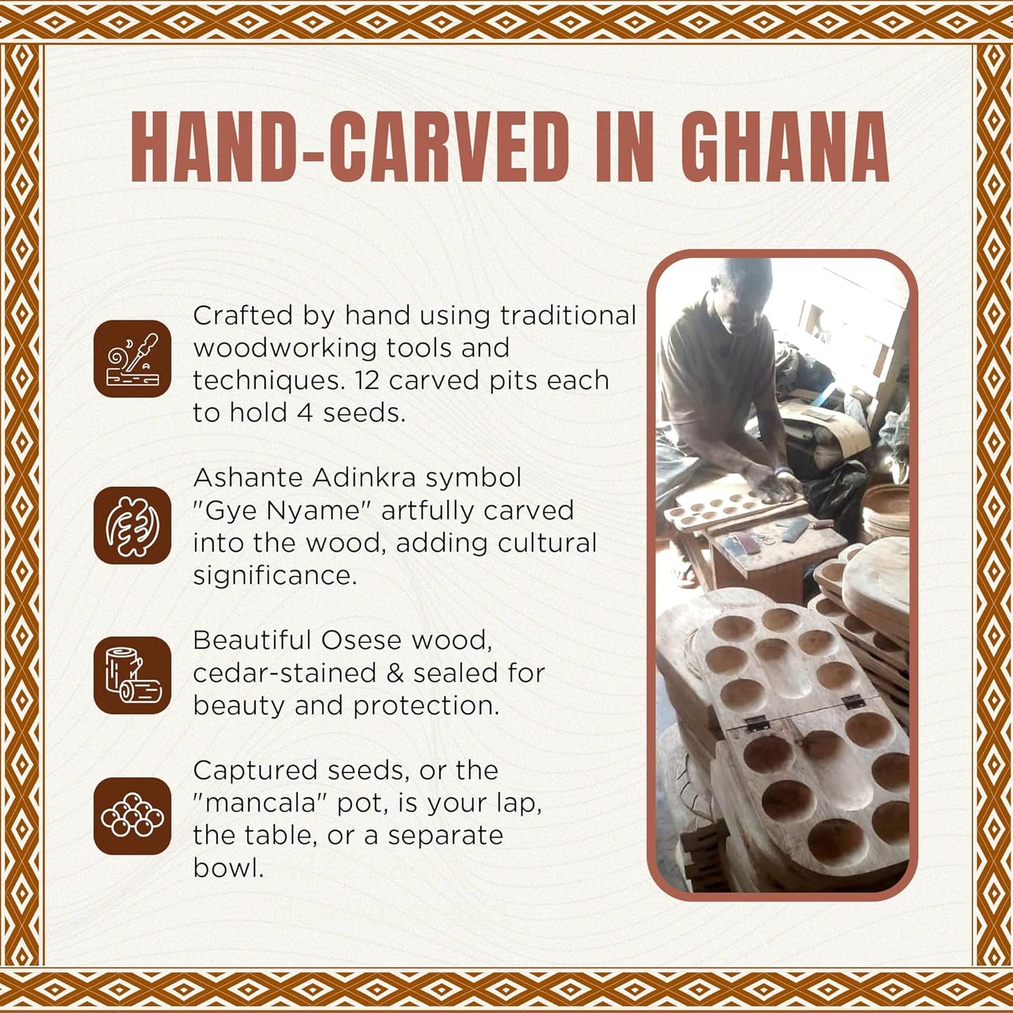 Africa Heartwood Project African Oware Mancala Board - Extended Size, Hand-Carved Solid Wood with Elephant Design, Wooden Folding Mancala 21" Board, 48 Grey, Green Tear Seeds and Playing Instructions