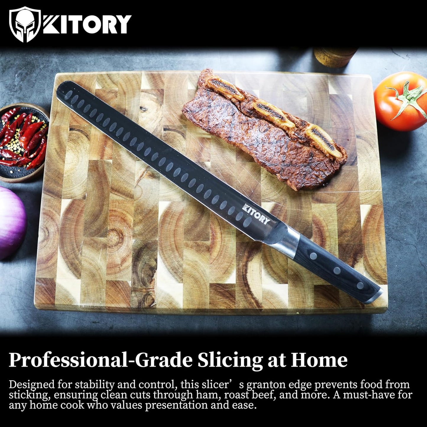 Kitory Slicing Carving Knife - 12" Brisket Knife - Pakka Wood Handle - Forged German High Carbon Steel Granton Blade, BBQ, Grilling Gifts For Men -Metadrop Series