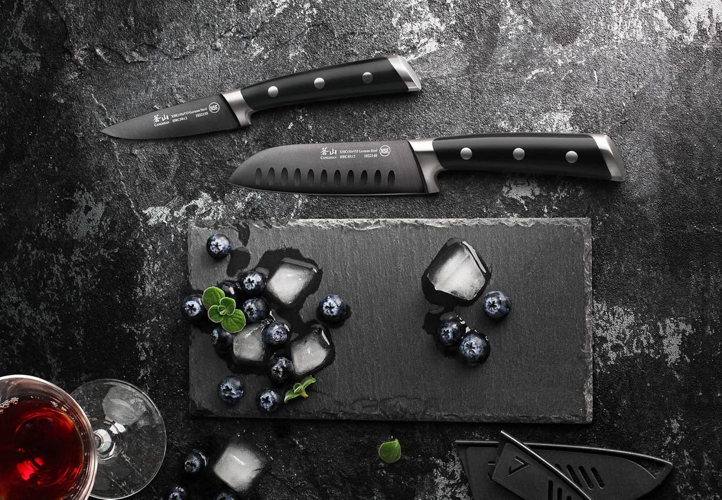 Cangshan S+ Series 1022094 German Steel Forged 2-Piece Titanium Coated Santoku Starter Knife Set with Sheaths, Noir Black