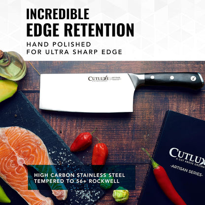 Cutluxe Meat Cleaver Knife - 7" Heavy Cleaver Butcher Knife, Razor Sharp German Steel Blade, Full Tang, Ergonomic Handle Design – Artisan Series