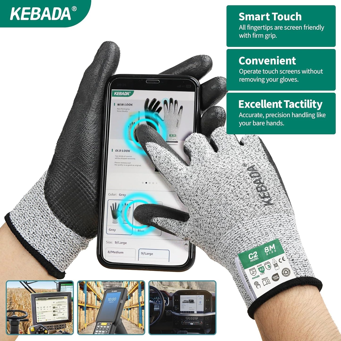 Kebada Cut Resistant Gloves, ANSI A2 Cutting Glove, PU Coated, Touchscreen, Multi-Purpose Model C2, 3 Pairs, Large
