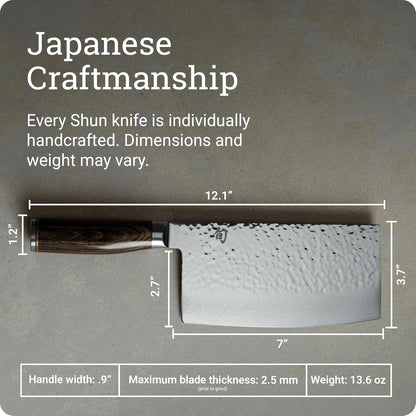 Shun Premier 7" Cleaver, Handcrafted Japanese Vegetable Knife, VG-MAX Core with Damascus Stainless Steel Cladding, Pakkawood Handle, Chinese Cleaver for Processing Large Vegetables