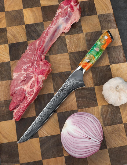 7 inch Fillet Knife, VG10 Damascus Steel Fish Boning Knife with Resin Handle - Xuan Series (Sunset Red)