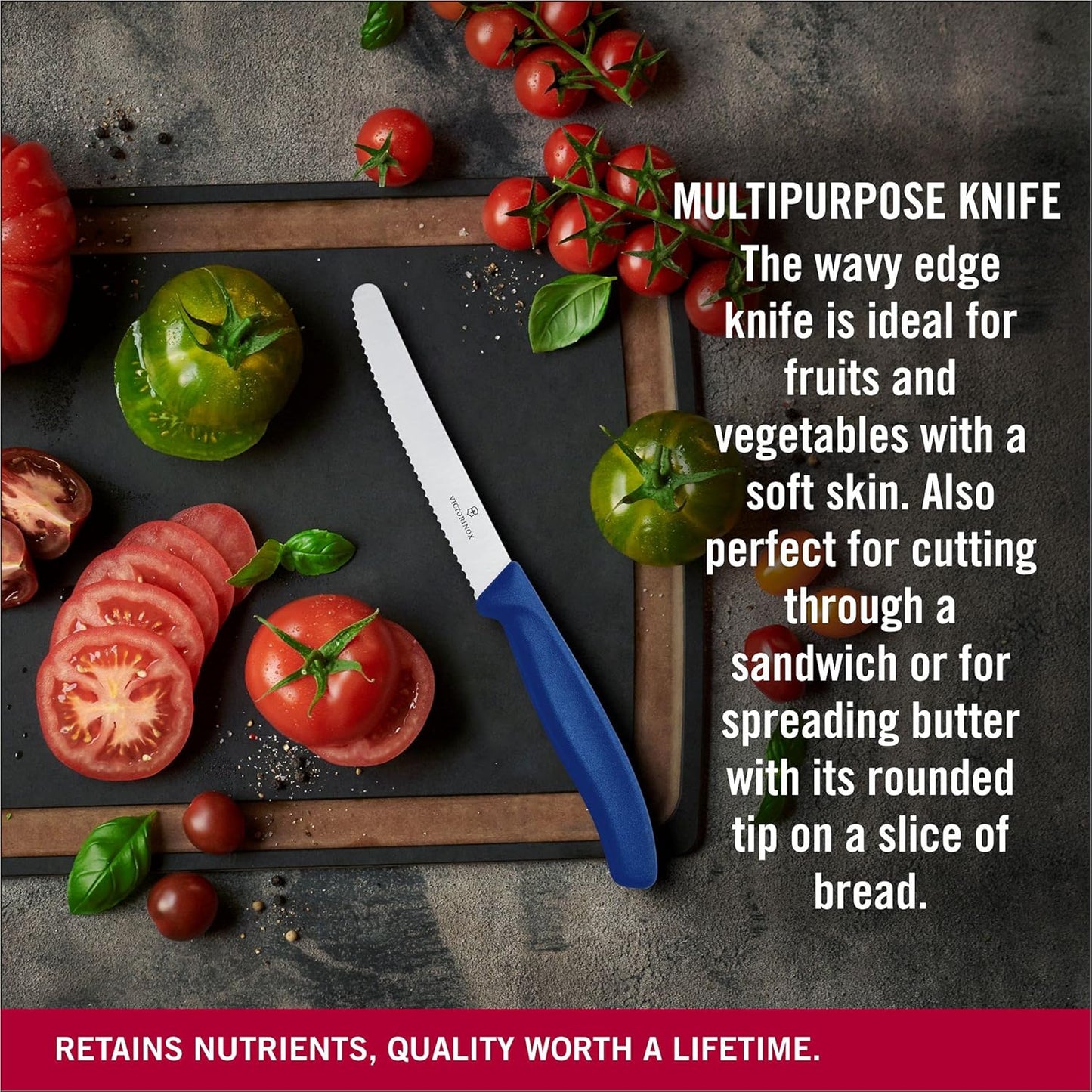 Victorinox 6.7832 Swiss Classic Tomato and Table Knife Ideal for Cutting Fruits and Vegetables with Soft Skin Serrated Blade in Blue, 4.3 inches