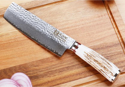 SUNLONG Usuba & Nakiri Knife 6.5 inch Fruit and Vegetable Knife Japanese Hammered Damascus Steel Super sharp - Natural Deer Horn Handle