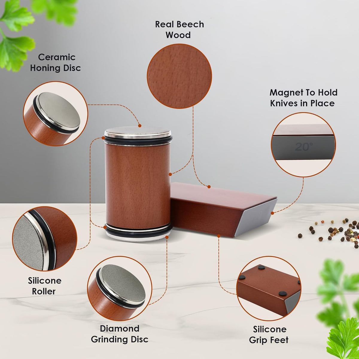 Magnetic Knife Sharpener, Rolling Knife Sharpener Kit, 15 Degree & 20 Degree Angled Roller, Round Wheel System, Diamond & Ceramic, Hone Tool for Professional, Commercial, Kitchen, Chef