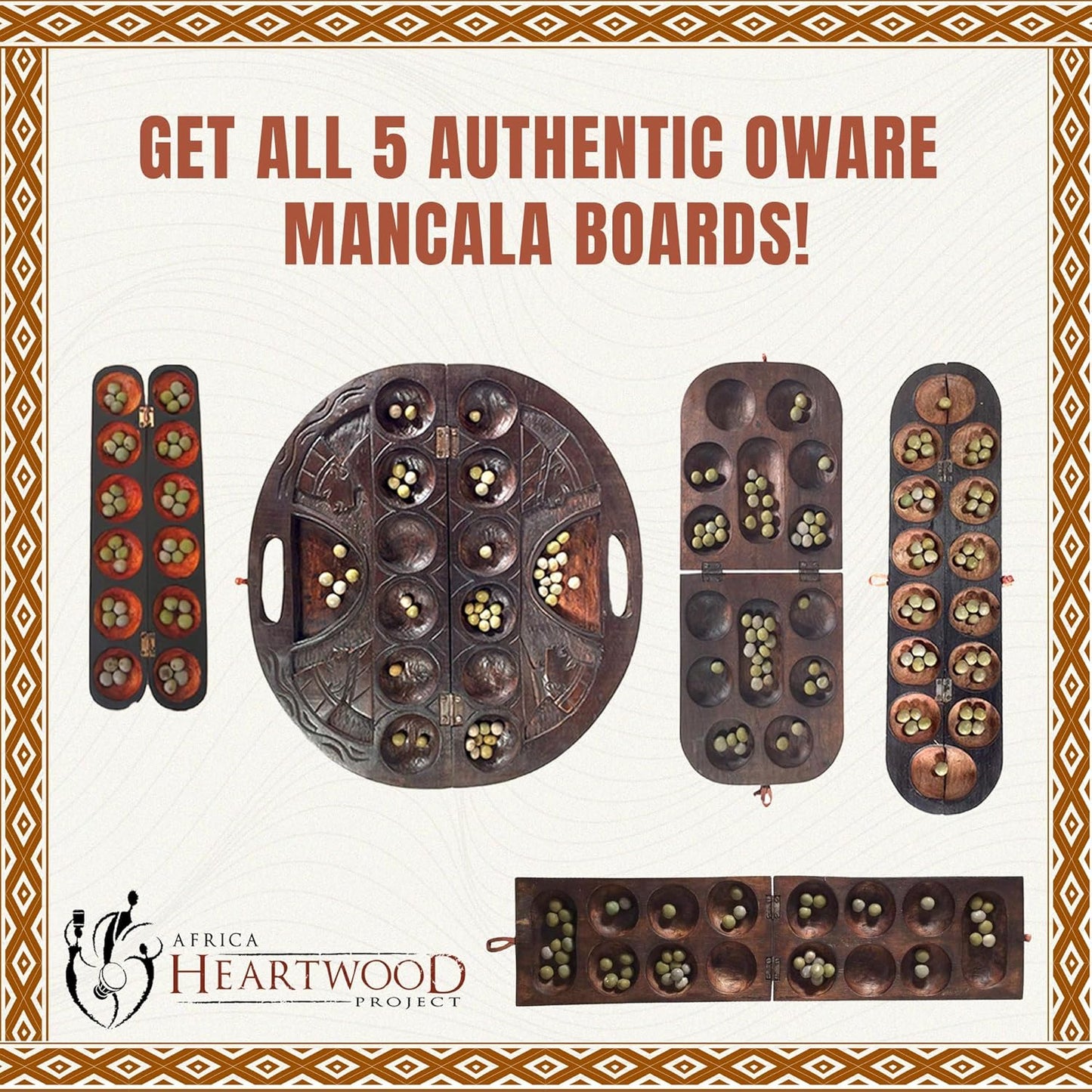 Africa Heartwood Project African Oware Mancala Board - Extended Size, Hand-Carved Solid Wood with Elephant Design, Wooden Folding Mancala 21" Board, 48 Grey, Green Tear Seeds and Playing Instructions