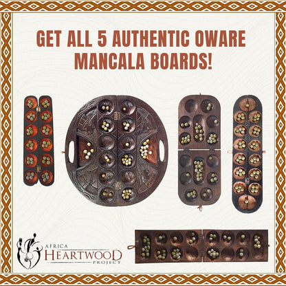 Africa Heartwood Project African Oware Mancala Board - Extended Size, Hand-Carved Solid Wood with Elephant Design, Wooden Folding Mancala 21" Board, 48 Grey, Green Tear Seeds and Playing Instructions