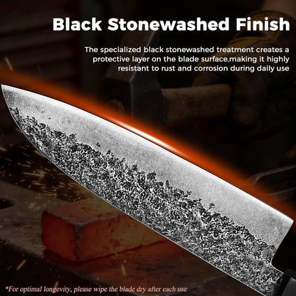 Kitory 7'' Santoku Knife, Black Stonewashed High-Carbon Steel Japanese Kitchen Knife, Hand Forged Ultra Sharp Asian Chef Knife with Ergonomic Wood Handle and Gift Box