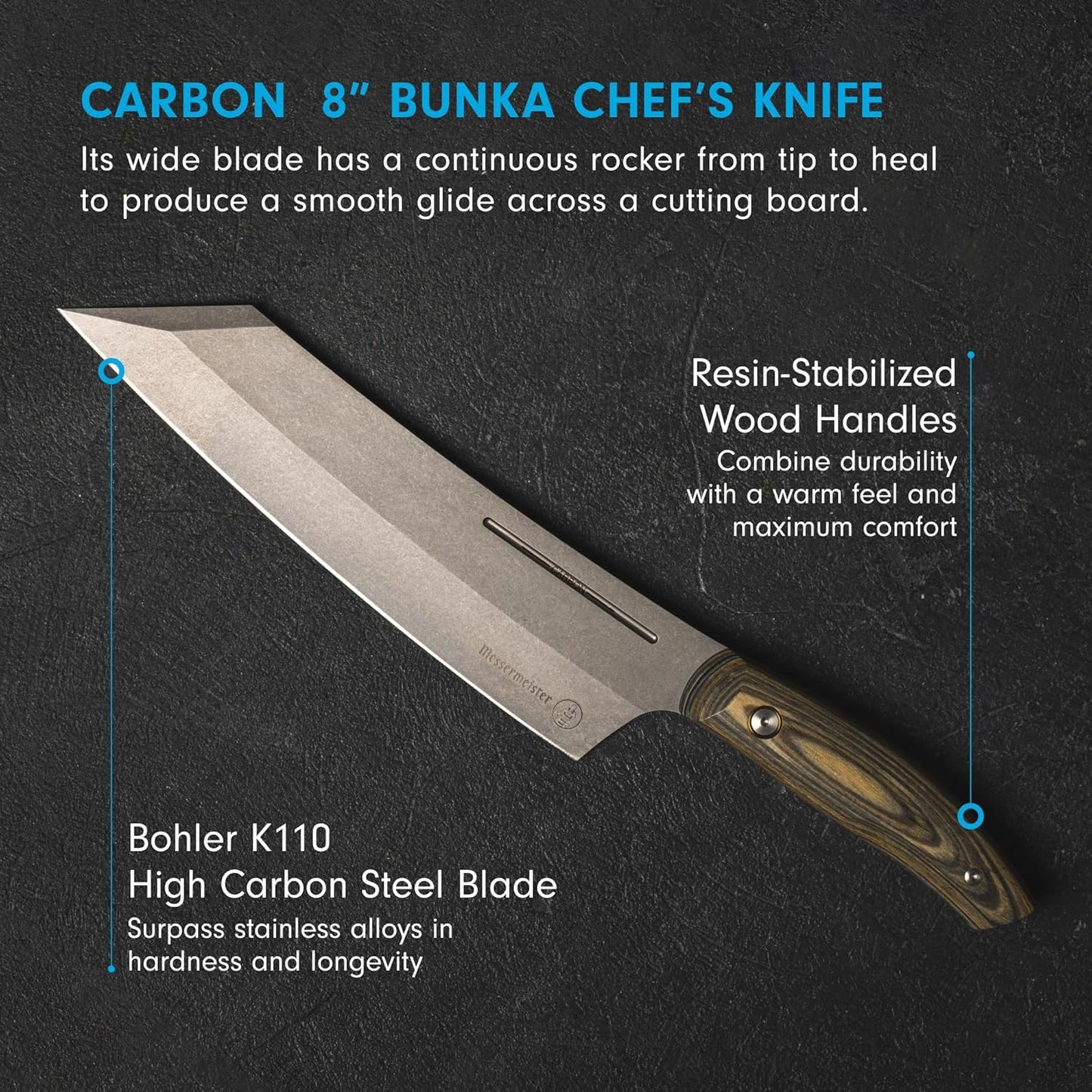 Messermeister Carbon 8” Bunka Chef’s Knife - Bohler K110 High Carbon Steel with a Ceramic Stonewash Finish - Resin-Stabilized Wood Handles - Handcrafted in Maniago, Italy