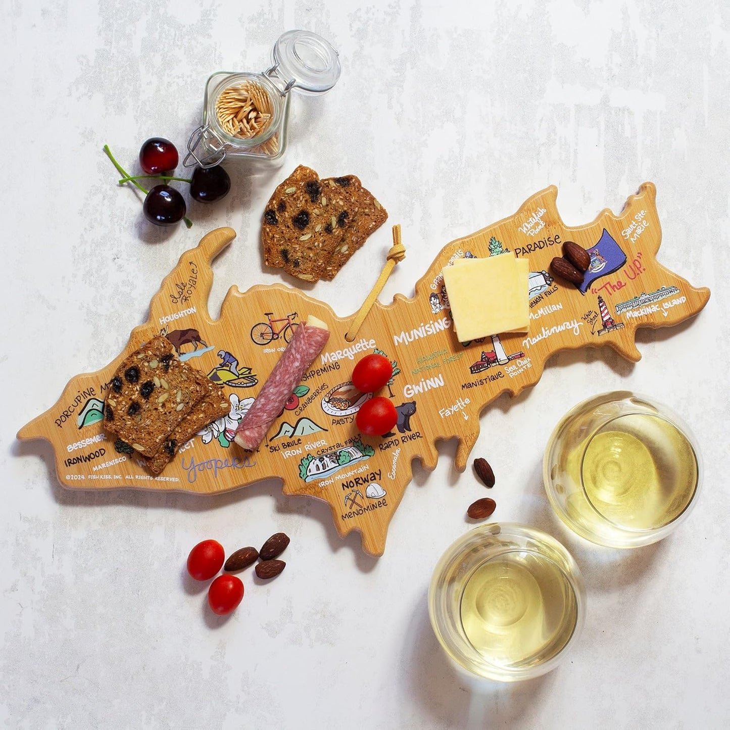 Totally Bamboo Tennessee State Shaped Cutting Board and Charcuterie Serving Platter with Artwork by Fish Kiss, Includes Hang Tie for Wall Display - Colors A