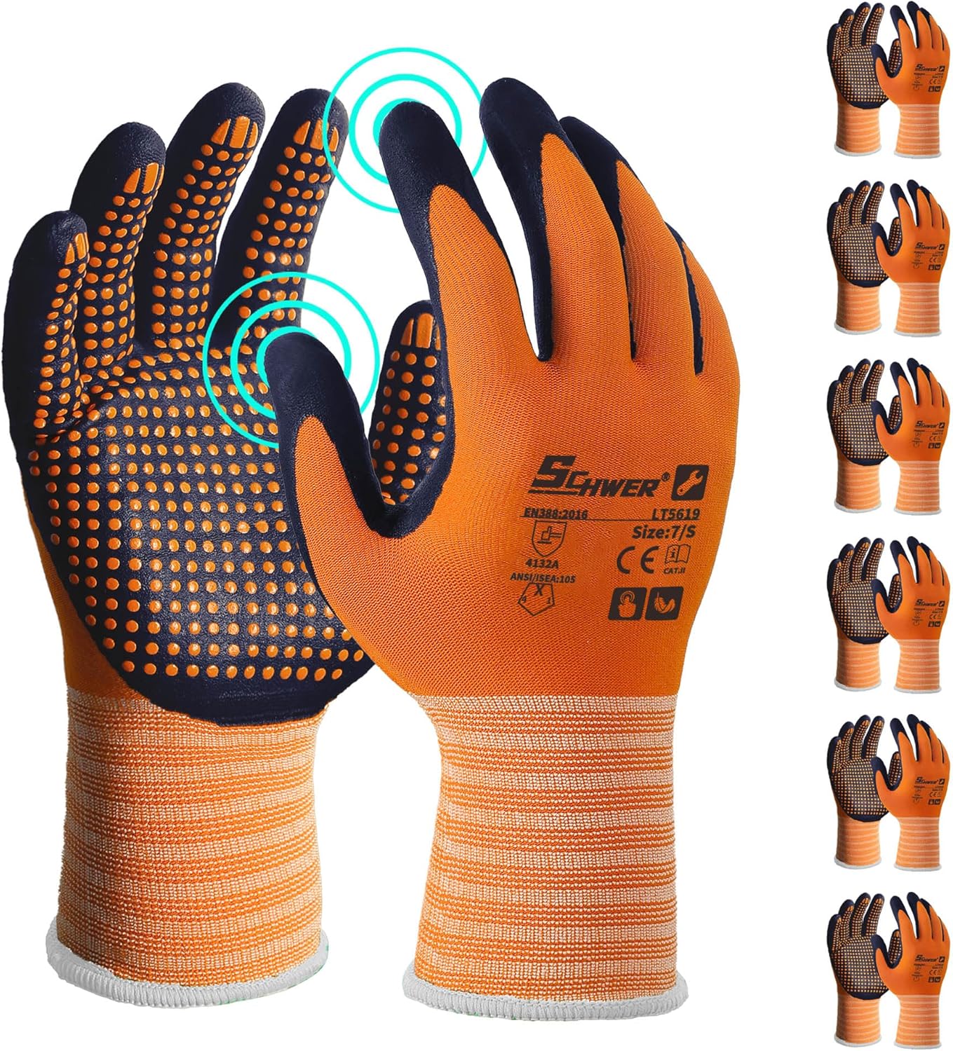 Schwer 3/6/12 Pairs Safety Work Gloves MicroFoam Nitrile Coated, Certified Level 6 Abrasion Resistant Gardening Gloves with MicroDot Grip, Touchscreen, General A1 Cut Resistant Glove, LT5619, S