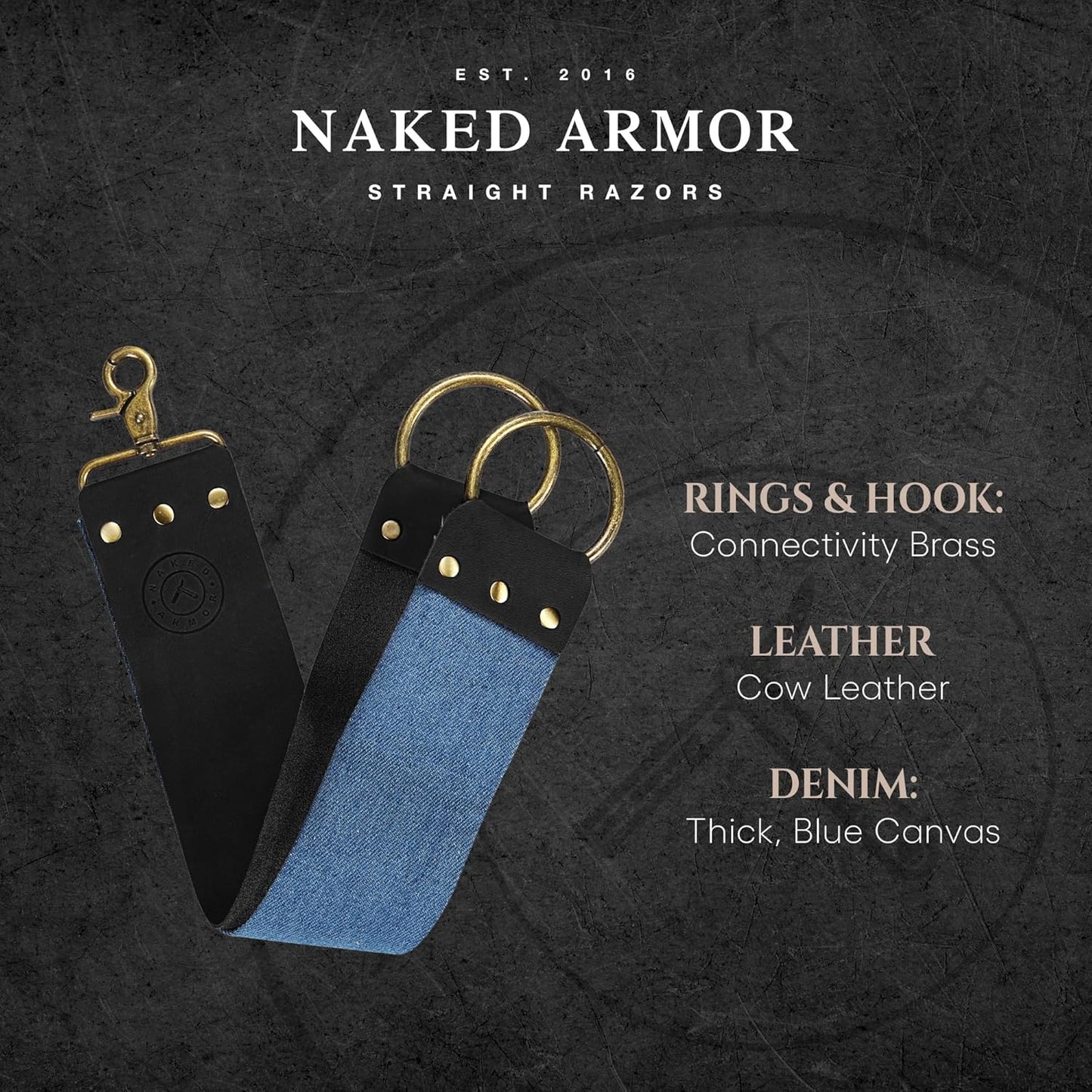 Naked Armor Straight Razor Leather Strop - 2.5" x 15" Cow Leather Razor Blade Sharpener with Brass Hooks, Brown
