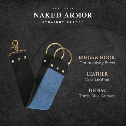 Naked Armor Straight Razor Leather Strop - 2.5" x 15" Cow Leather Razor Blade Sharpener with Brass Hooks, Brown