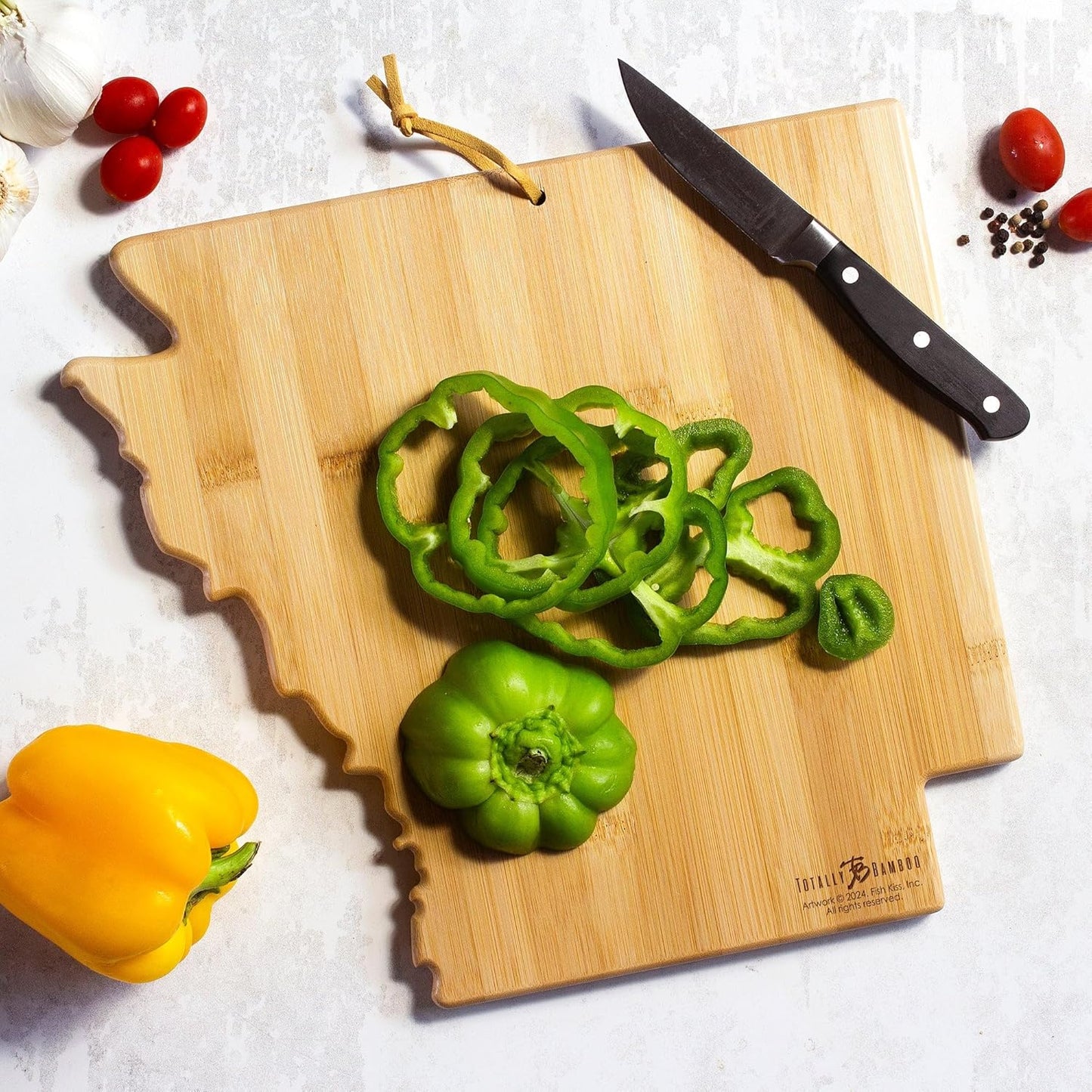 Totally Bamboo Tennessee State Shaped Cutting Board and Charcuterie Serving Platter with Artwork by Fish Kiss, Includes Hang Tie for Wall Display - Colors A